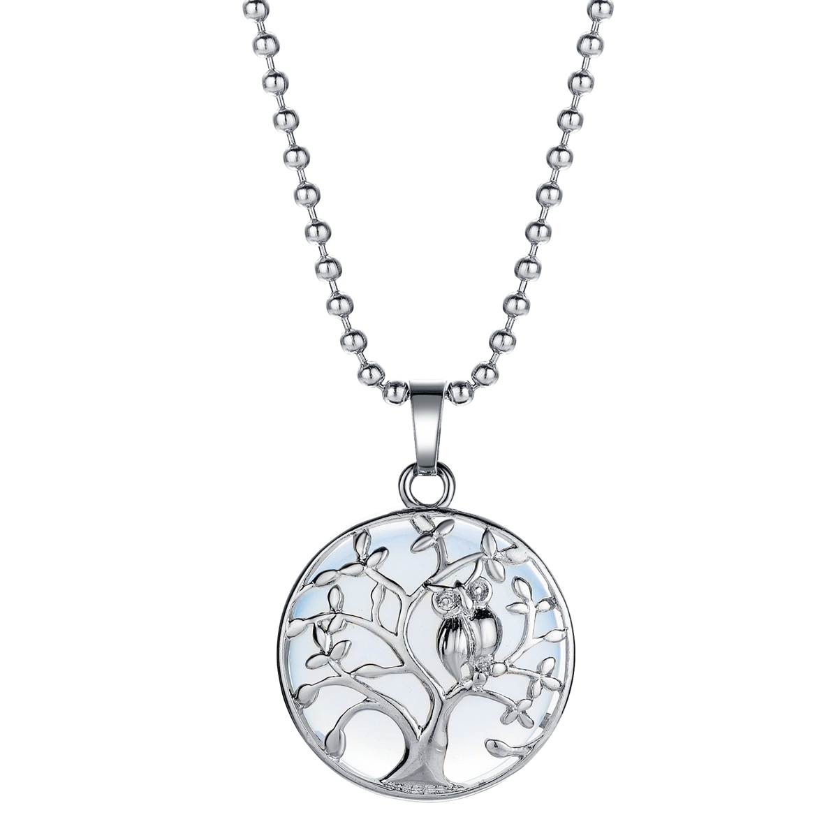 Natural Gemstone Silver Life of tree Owl  Coin Stone Pendant Necklace