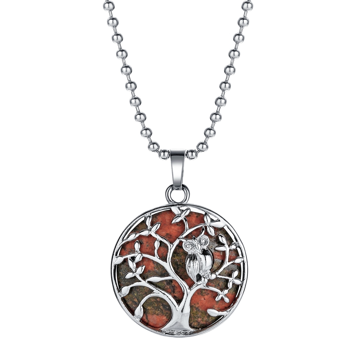 Natural Gemstone Silver Life of tree Owl  Coin Stone Pendant Necklace