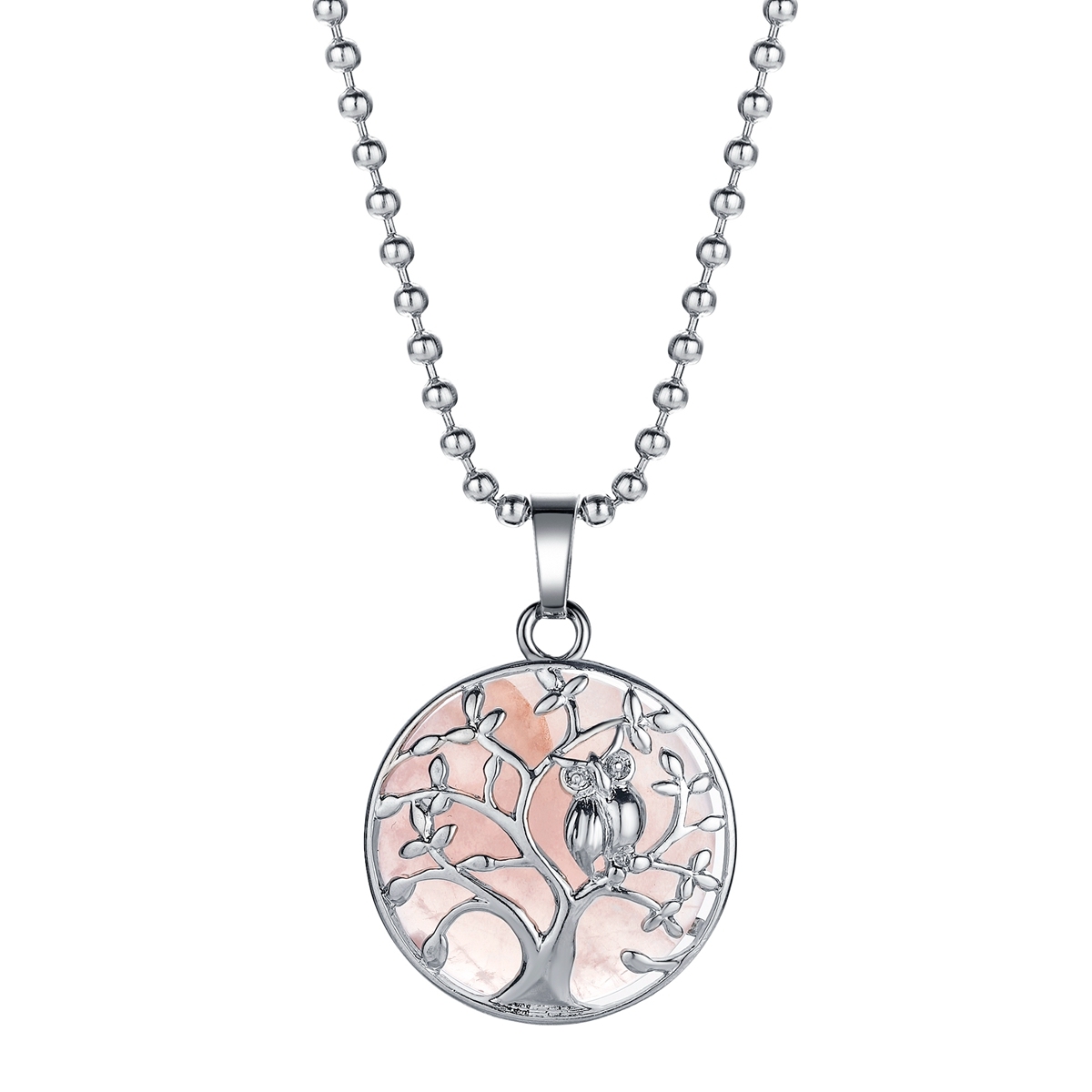 Natural Gemstone Silver Life of tree Owl  Coin Stone Pendant Necklace