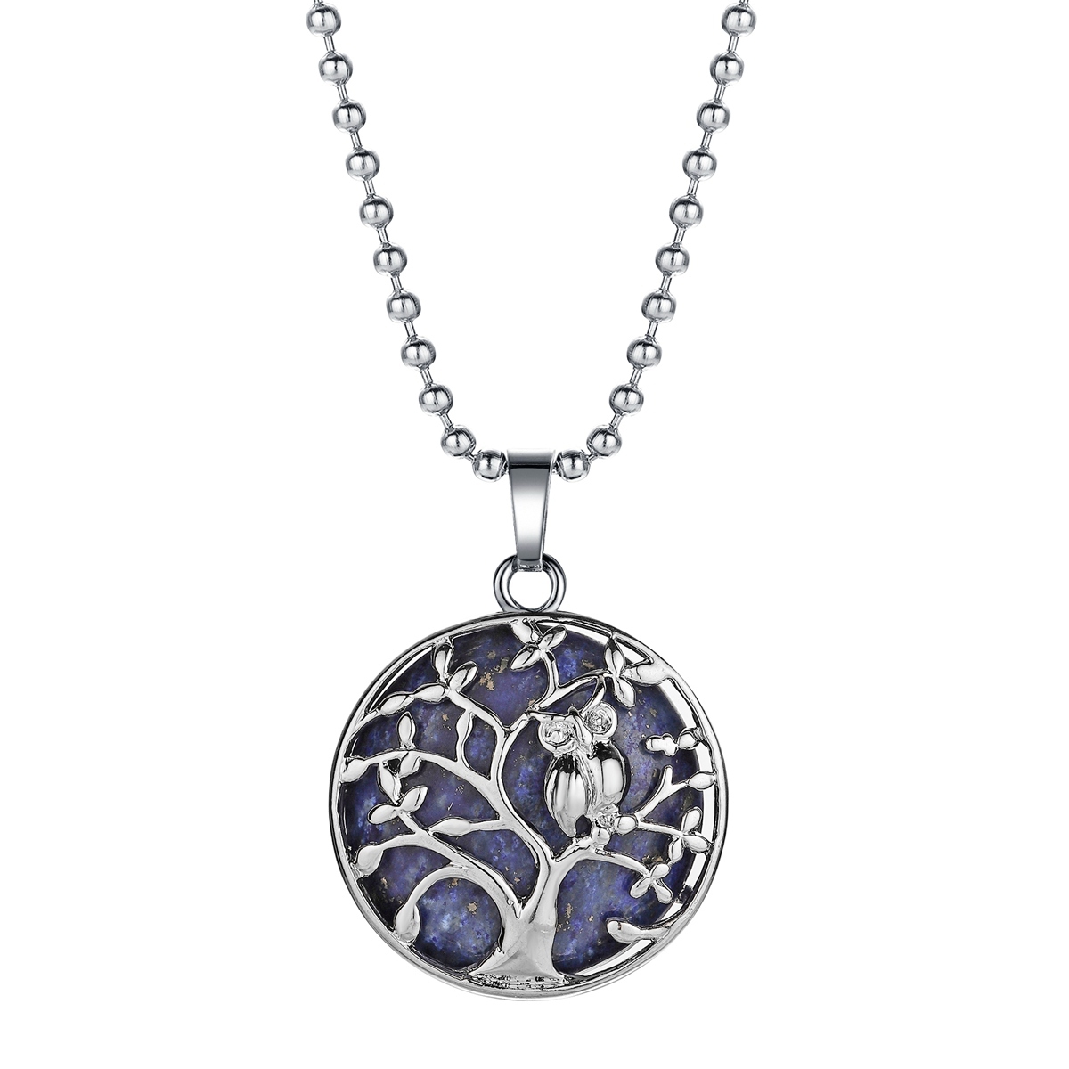 Natural Gemstone Silver Life of tree Owl  Coin Stone Pendant Necklace