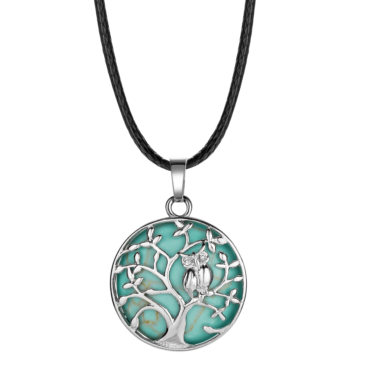 Natural Gemstone Silver Life of tree Owl  Coin Stone Pendant Necklace