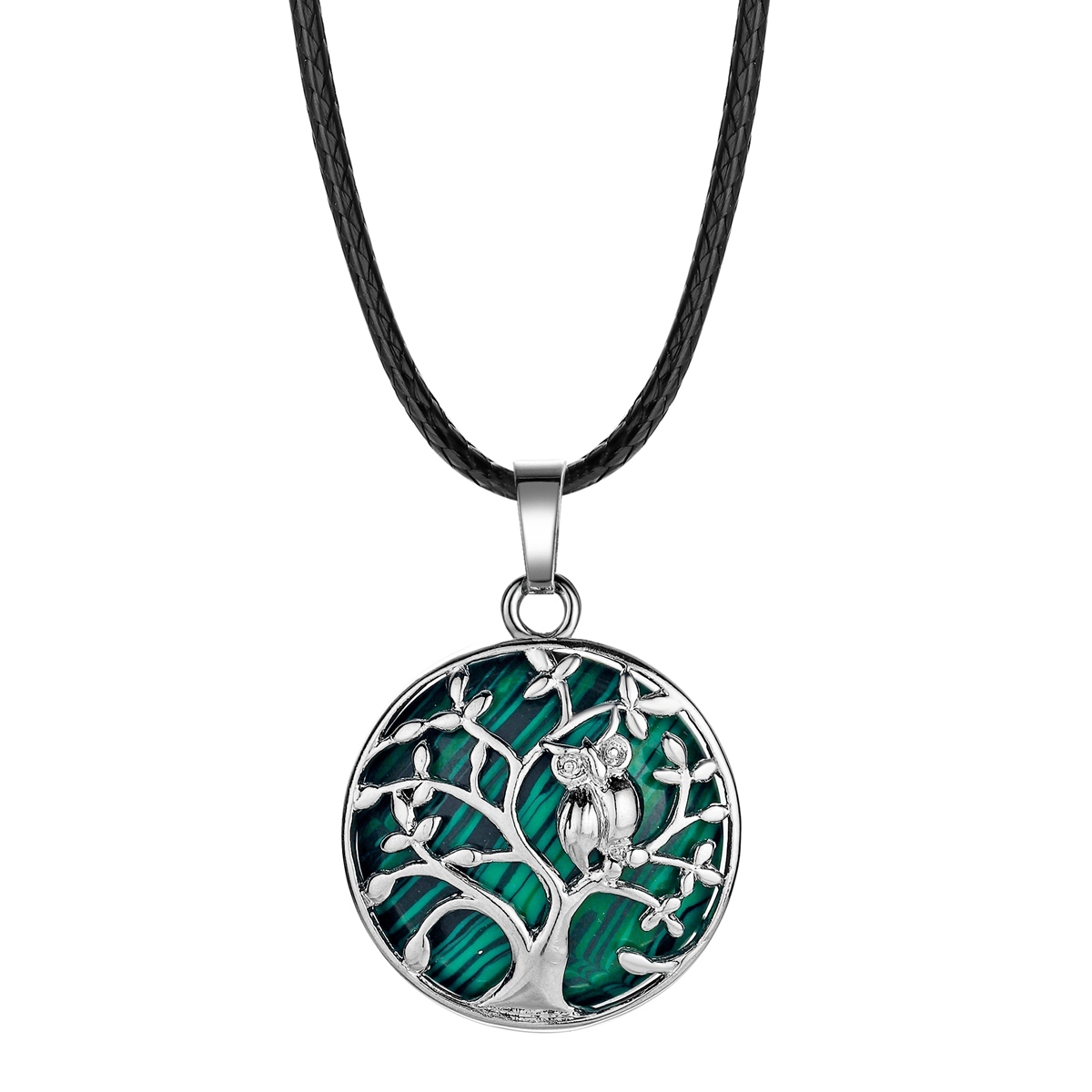 Natural Gemstone Silver Life of tree Owl  Coin Stone Pendant Necklace