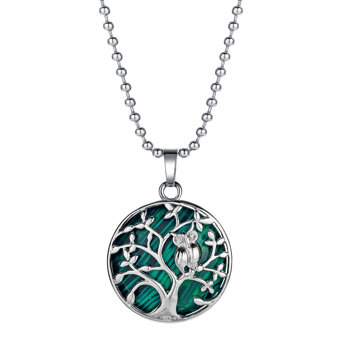 Natural Gemstone Silver Life of tree Owl  Coin Stone Pendant Necklace