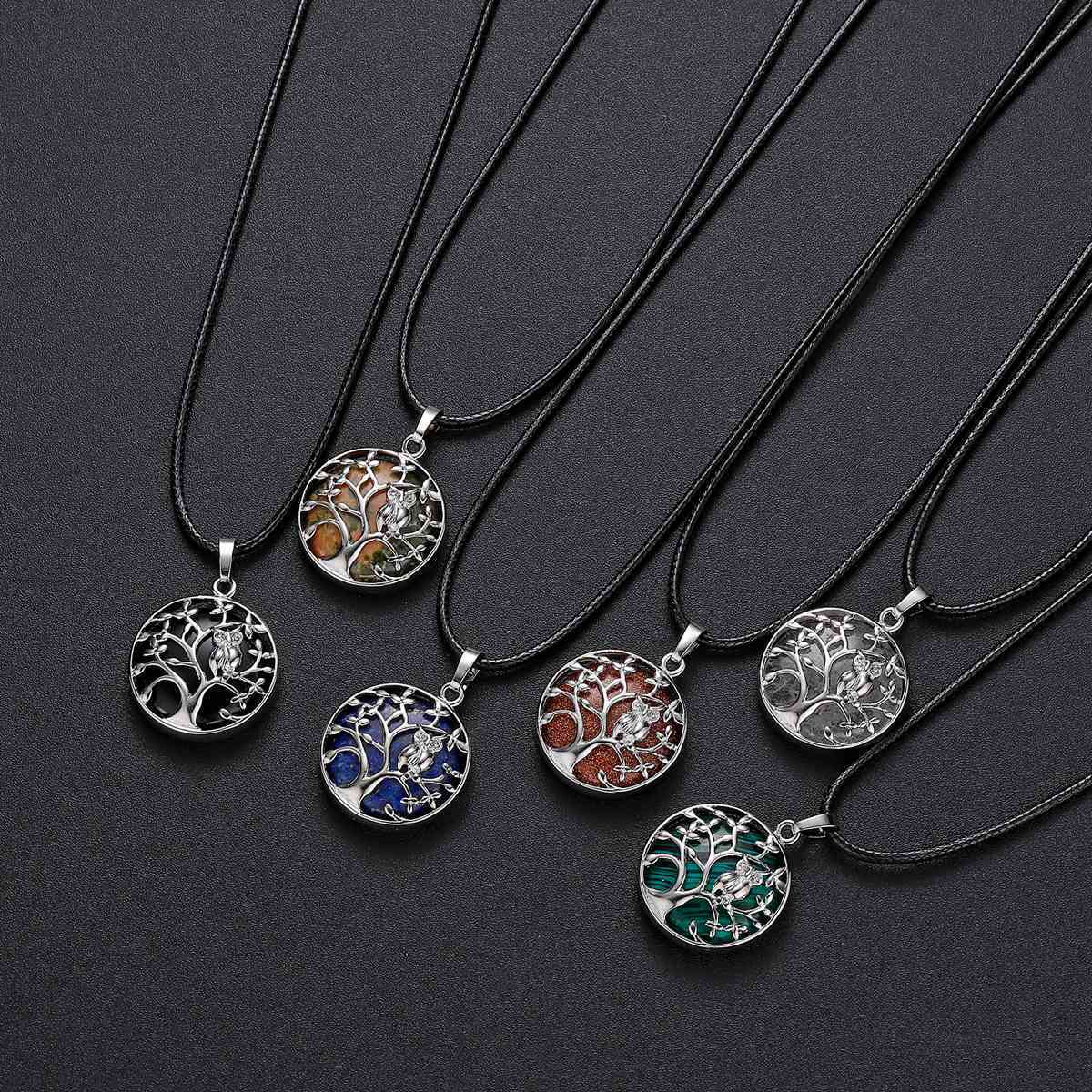 Natural Gemstone Silver Life of tree Owl  Coin Stone Pendant Necklace
