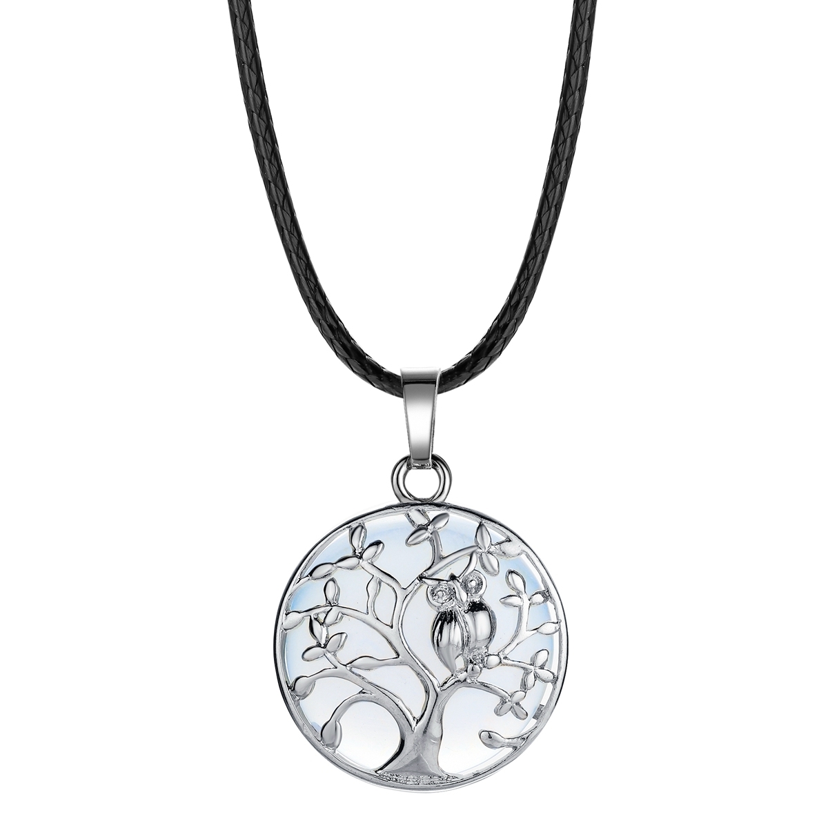 Natural Gemstone Silver Life of tree Owl  Coin Stone Pendant Necklace