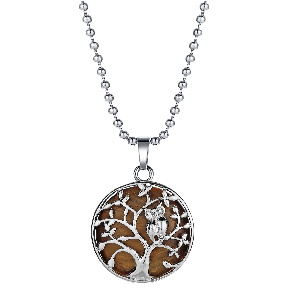 Natural Gemstone Silver Life of tree Owl  Coin Stone Pendant Necklace