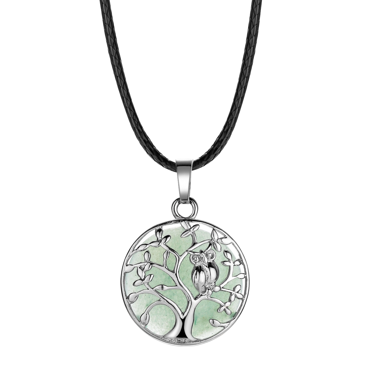 Natural Gemstone Silver Life of tree Owl  Coin Stone Pendant Necklace