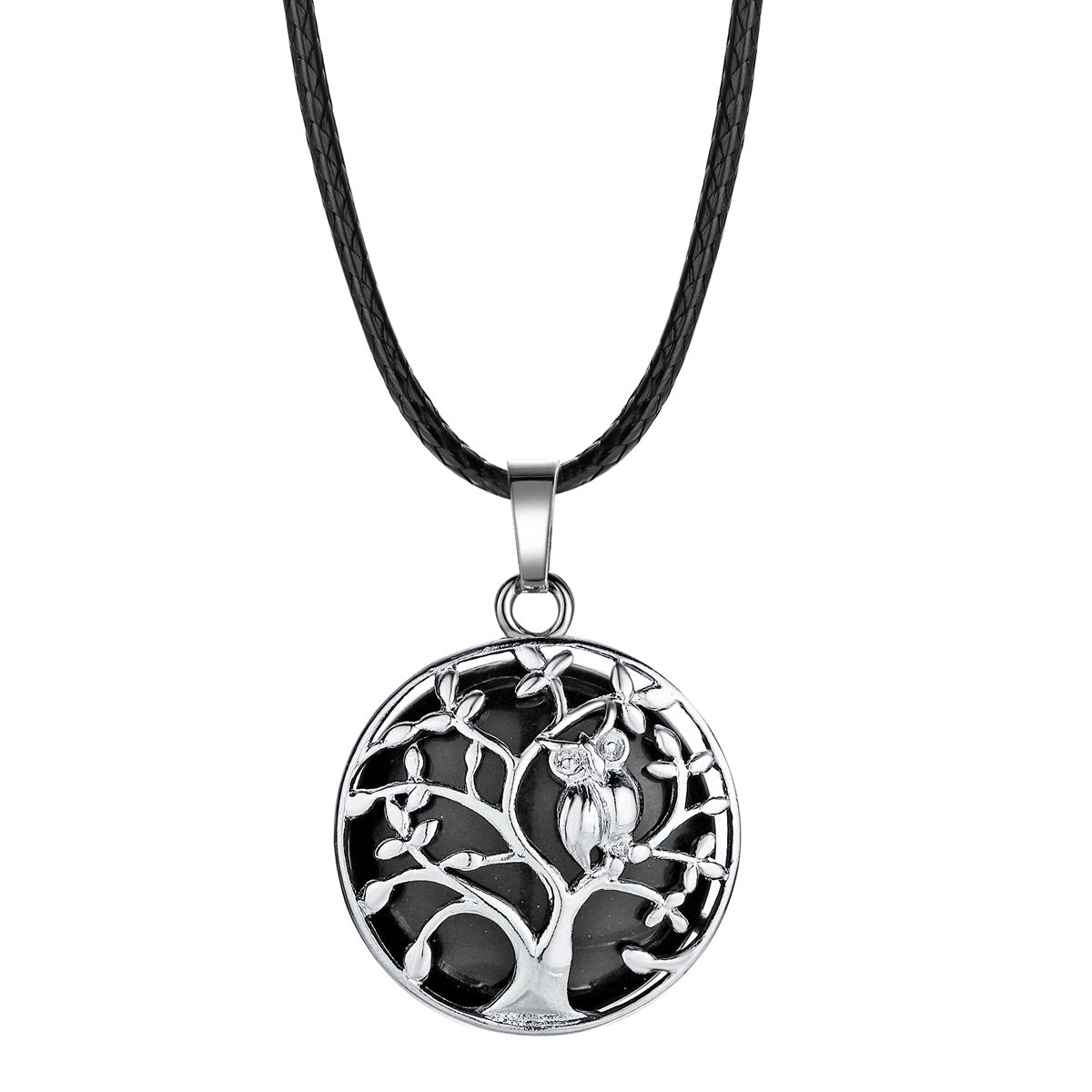 Natural Gemstone Silver Life of tree Owl  Coin Stone Pendant Necklace