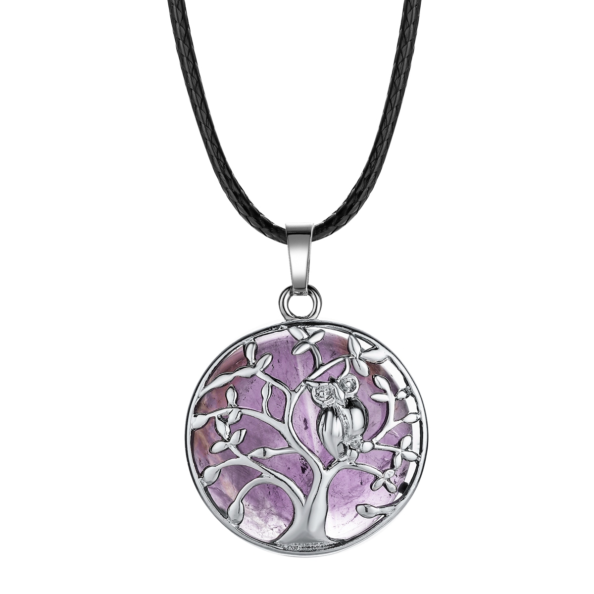 Natural Gemstone Silver Life of tree Owl  Coin Stone Pendant Necklace