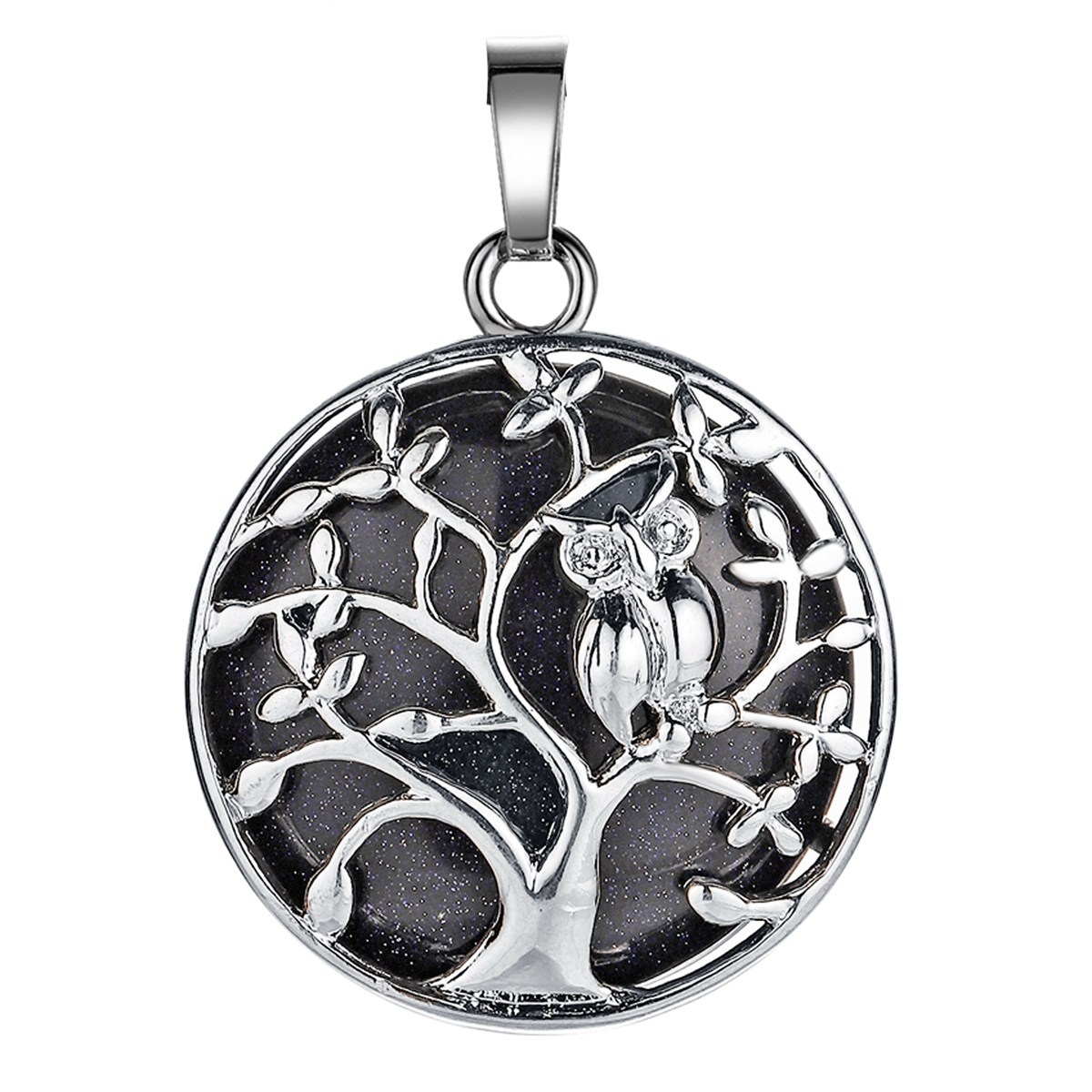 Natural Gemstone Silver Life of tree Owl  Coin Stone Pendant Necklace