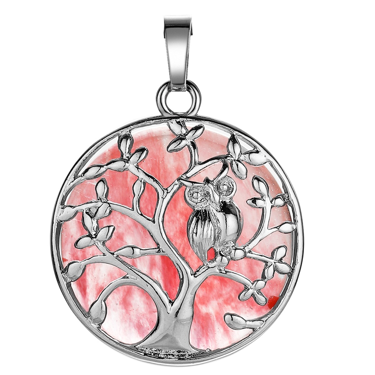 Natural Gemstone Silver Life of tree Owl  Coin Stone Pendant Necklace