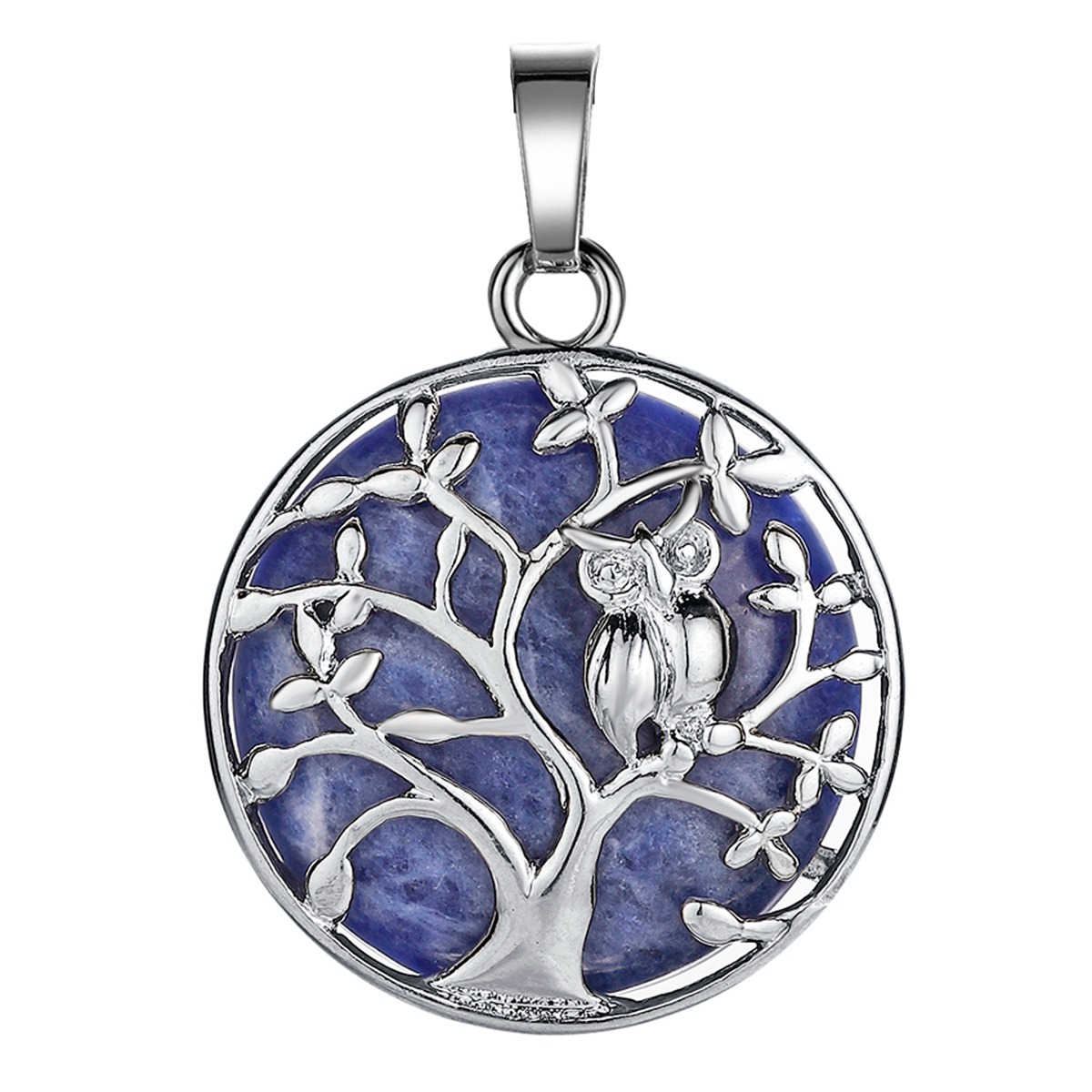 Natural Gemstone Silver Life of tree Owl  Coin Stone Pendant Necklace