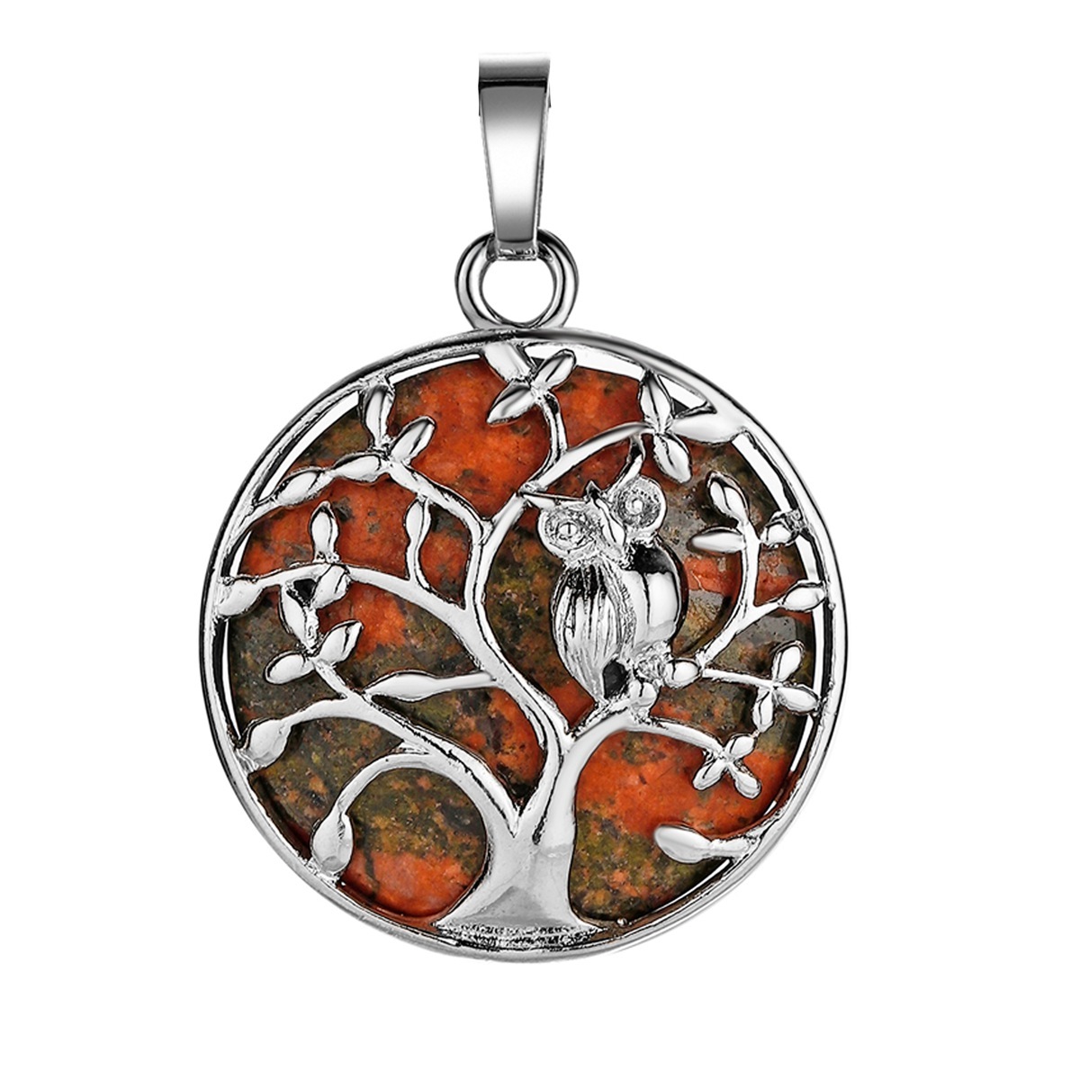 Natural Gemstone Silver Life of tree Owl  Coin Stone Pendant Necklace