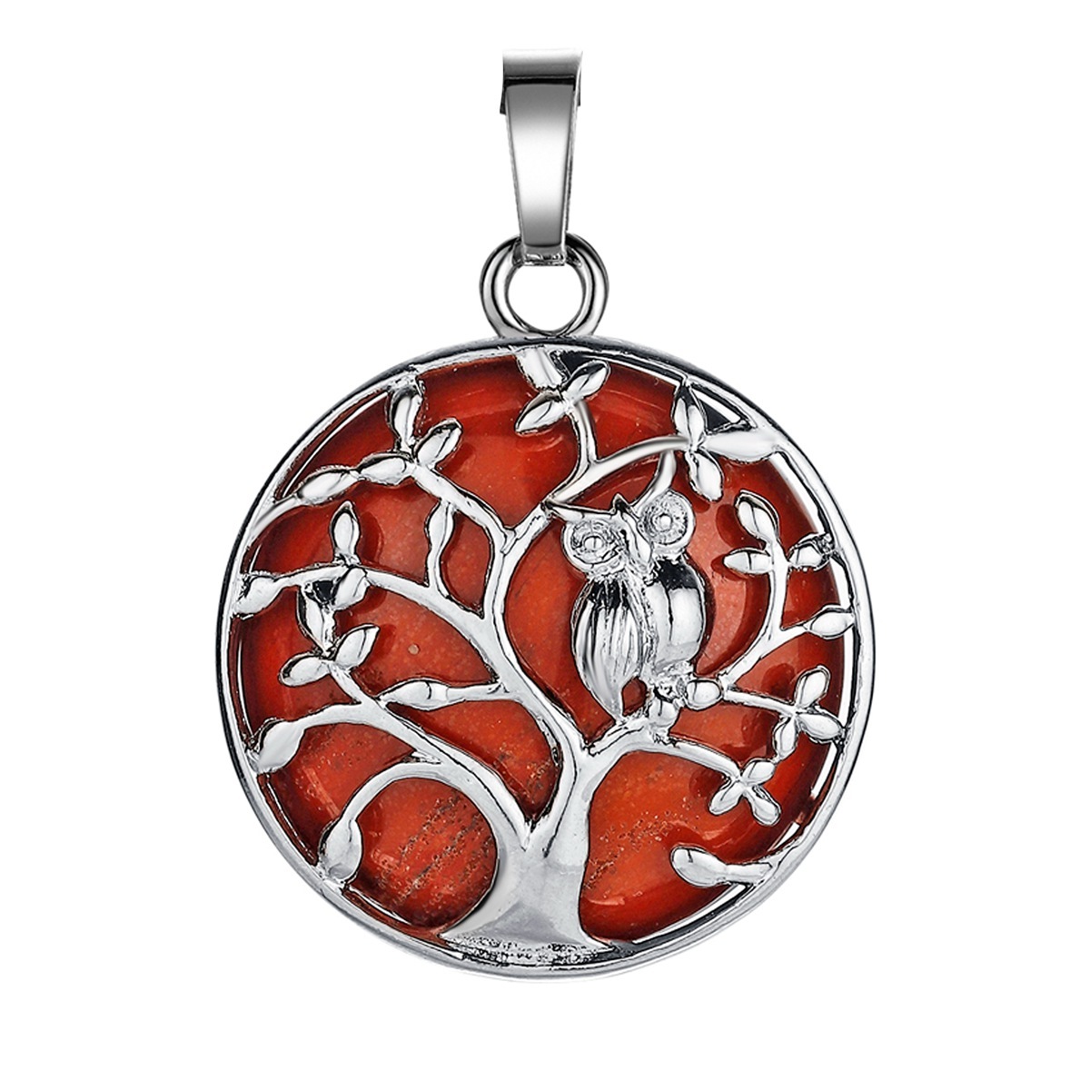 Natural Gemstone Silver Life of tree Owl  Coin Stone Pendant Necklace