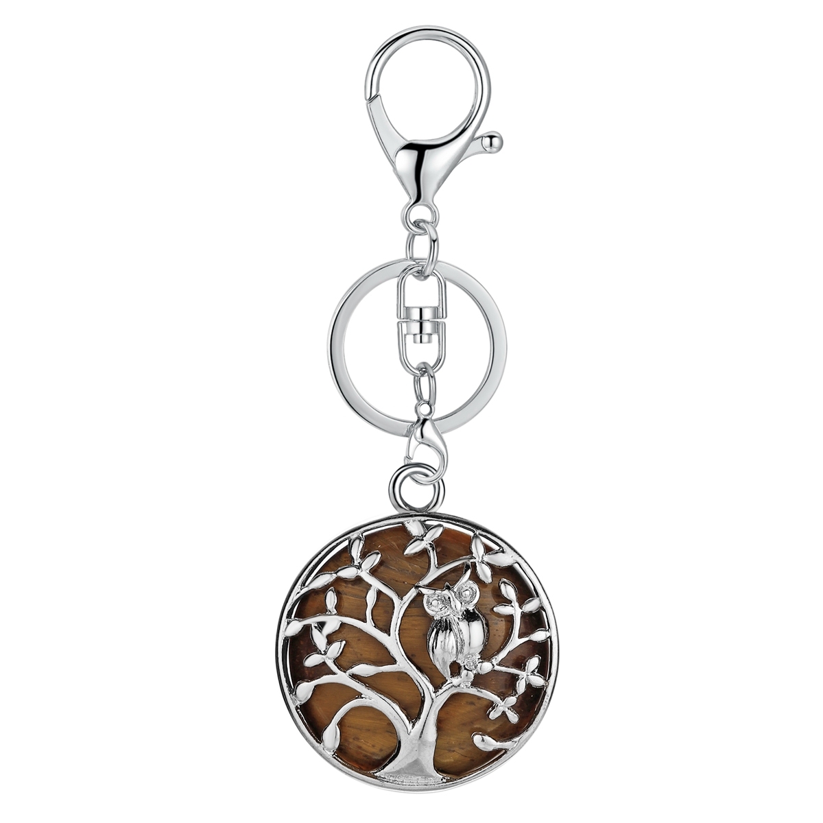 Natural Gemstone Silver Life of tree Owl  Coin Stone Pendant Necklace