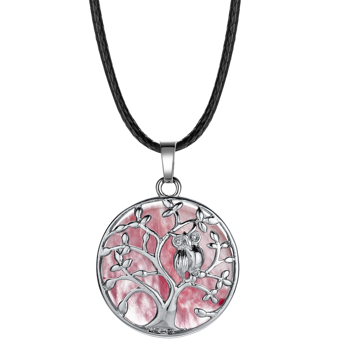Natural Gemstone Silver Life of tree Owl  Coin Stone Pendant Necklace