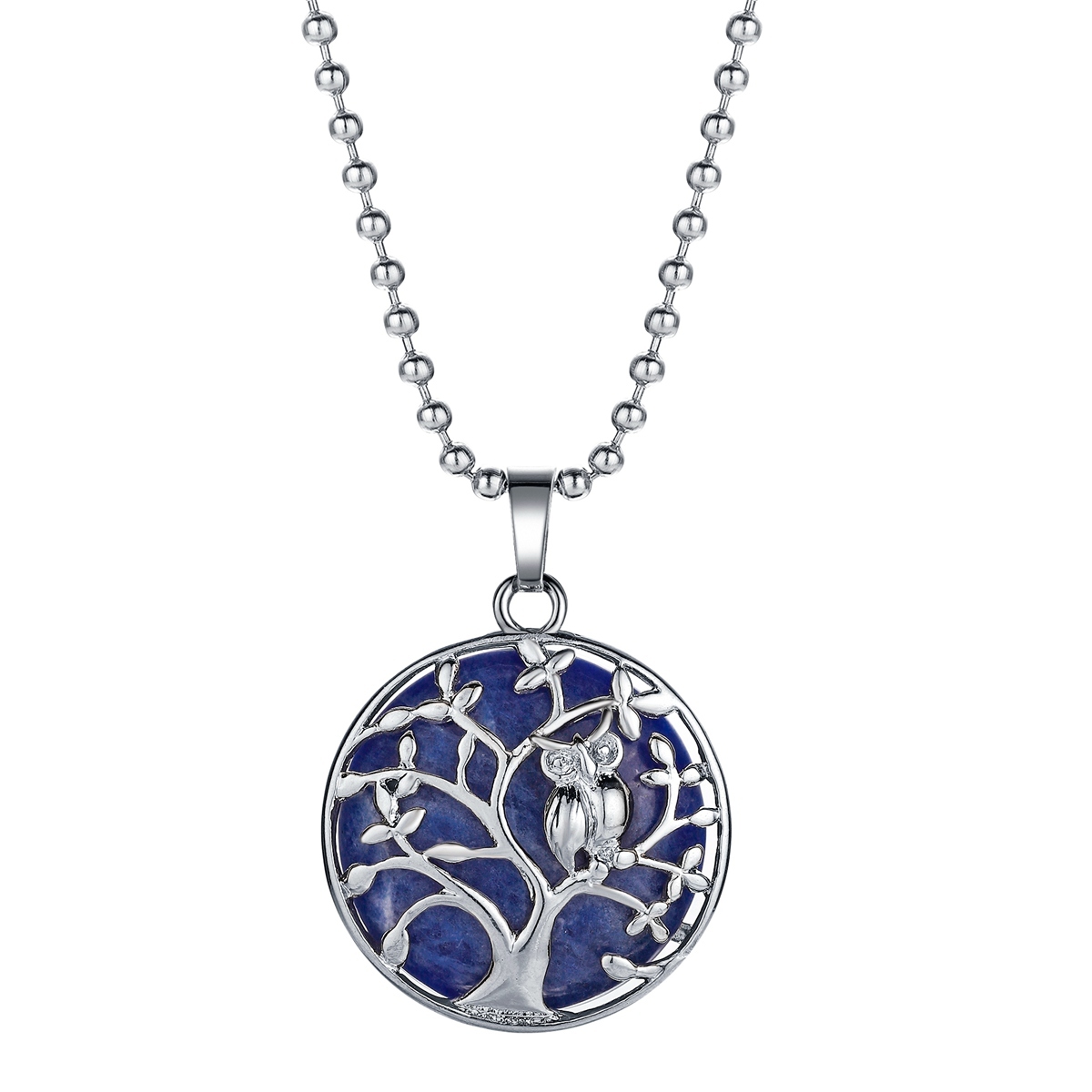 Natural Gemstone Silver Life of tree Owl  Coin Stone Pendant Necklace