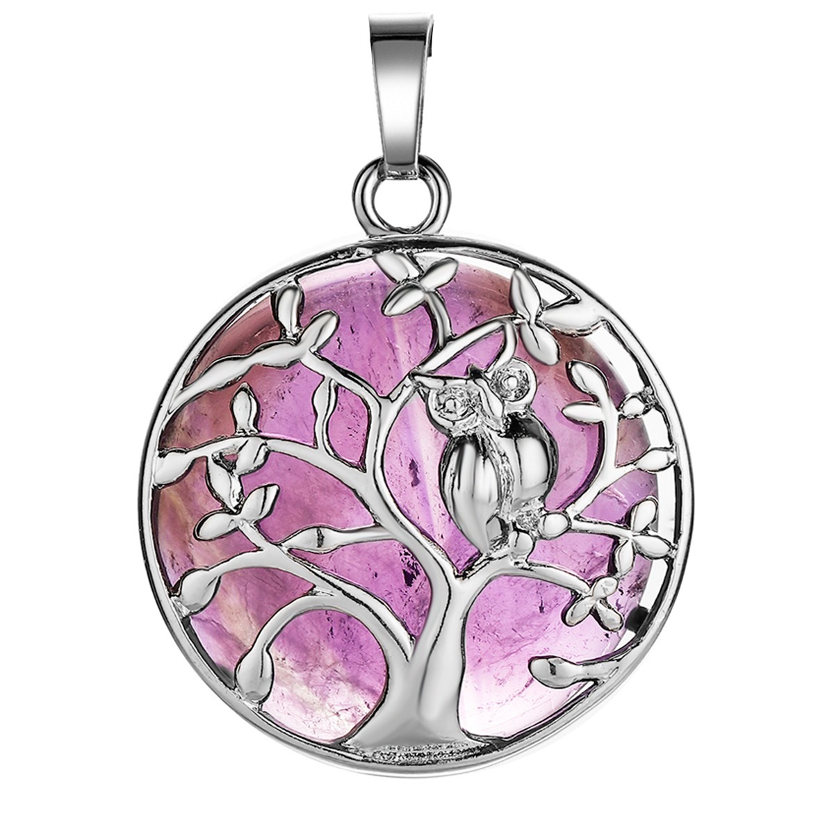 Natural Gemstone Silver Life of tree Owl  Coin Stone Pendant Necklace