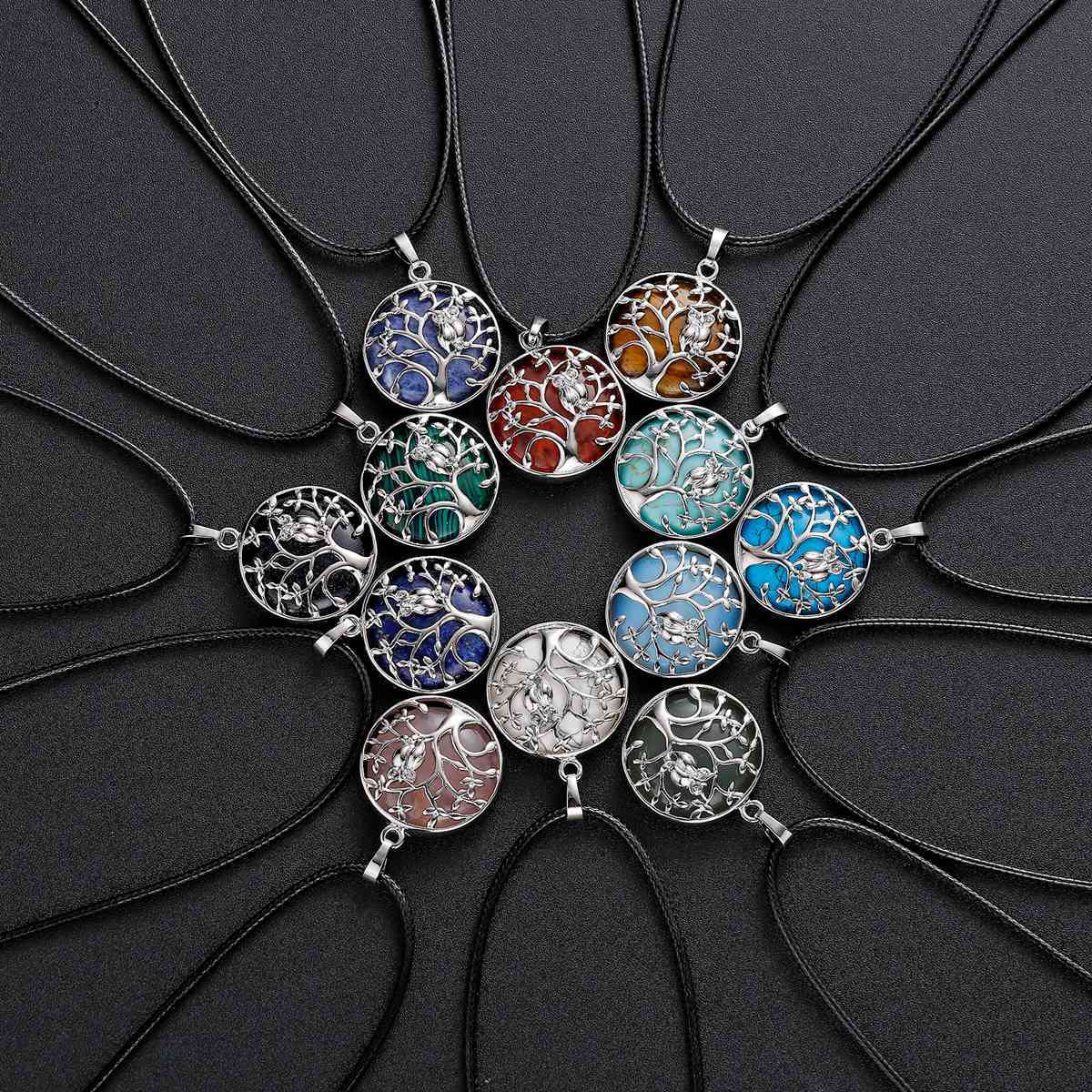 Natural Gemstone Silver Life of tree Owl  Coin Stone Pendant Necklace