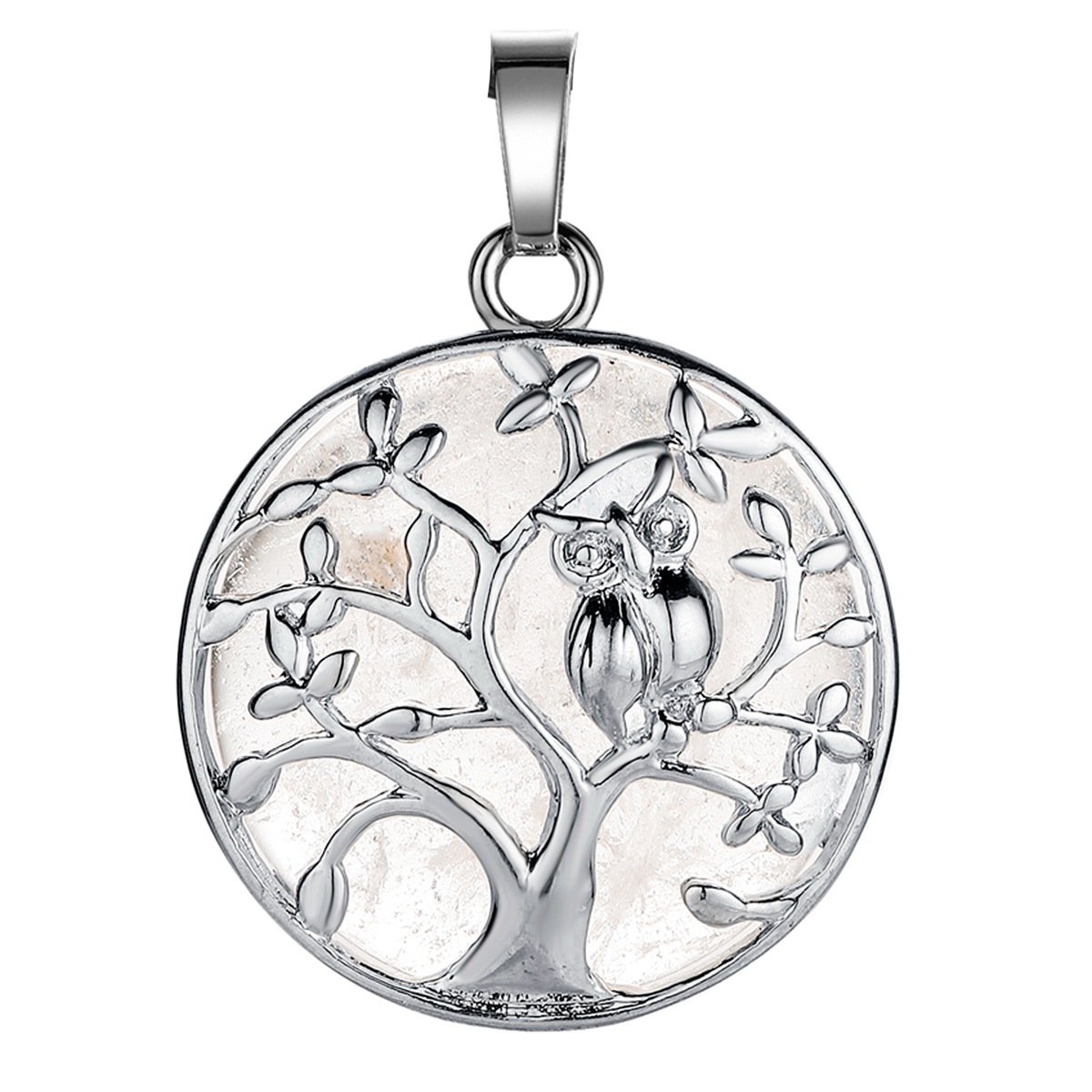Natural Gemstone Silver Life of tree Owl  Coin Stone Pendant Necklace