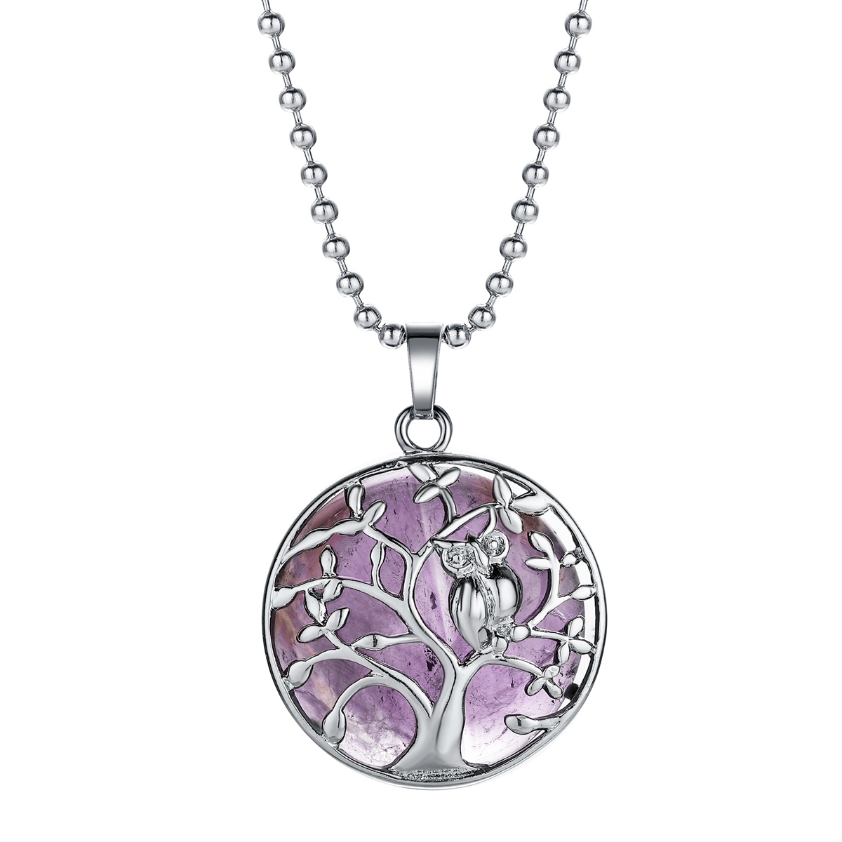 Natural Gemstone Silver Life of tree Owl  Coin Stone Pendant Necklace