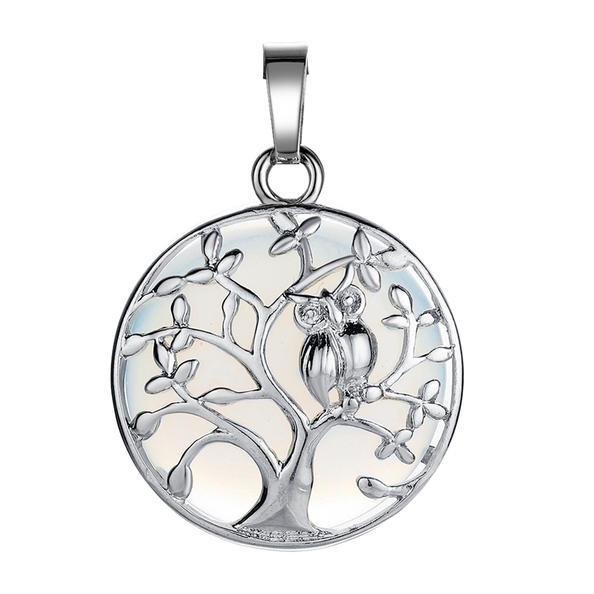 Natural Gemstone Silver Life of tree Owl  Coin Stone Pendant Necklace