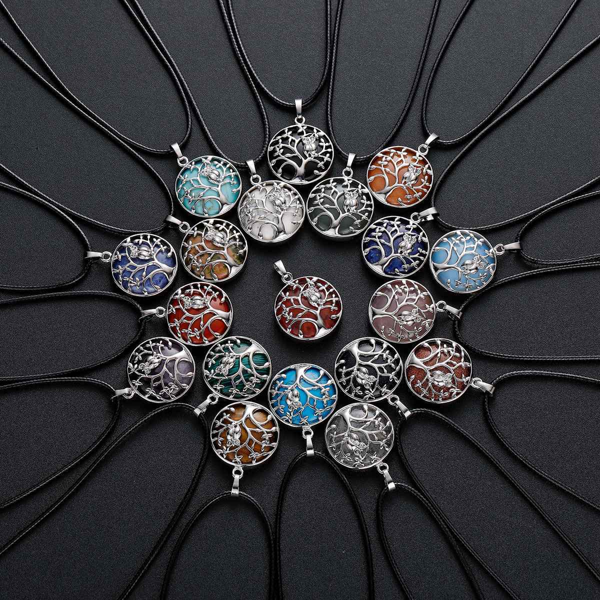 Natural Gemstone Silver Life of tree Owl  Coin Stone Pendant Necklace
