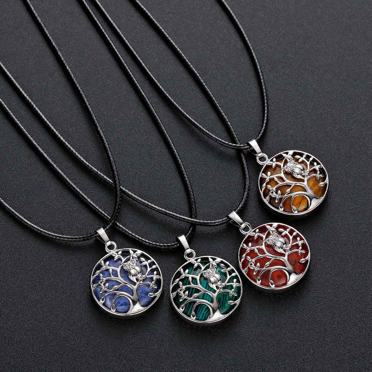Natural Gemstone Silver Life of tree Owl  Coin Stone Pendant Necklace