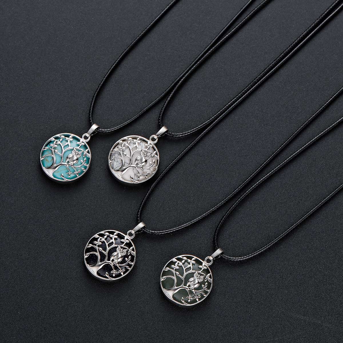 Natural Gemstone Silver Life of tree Owl  Coin Stone Pendant Necklace