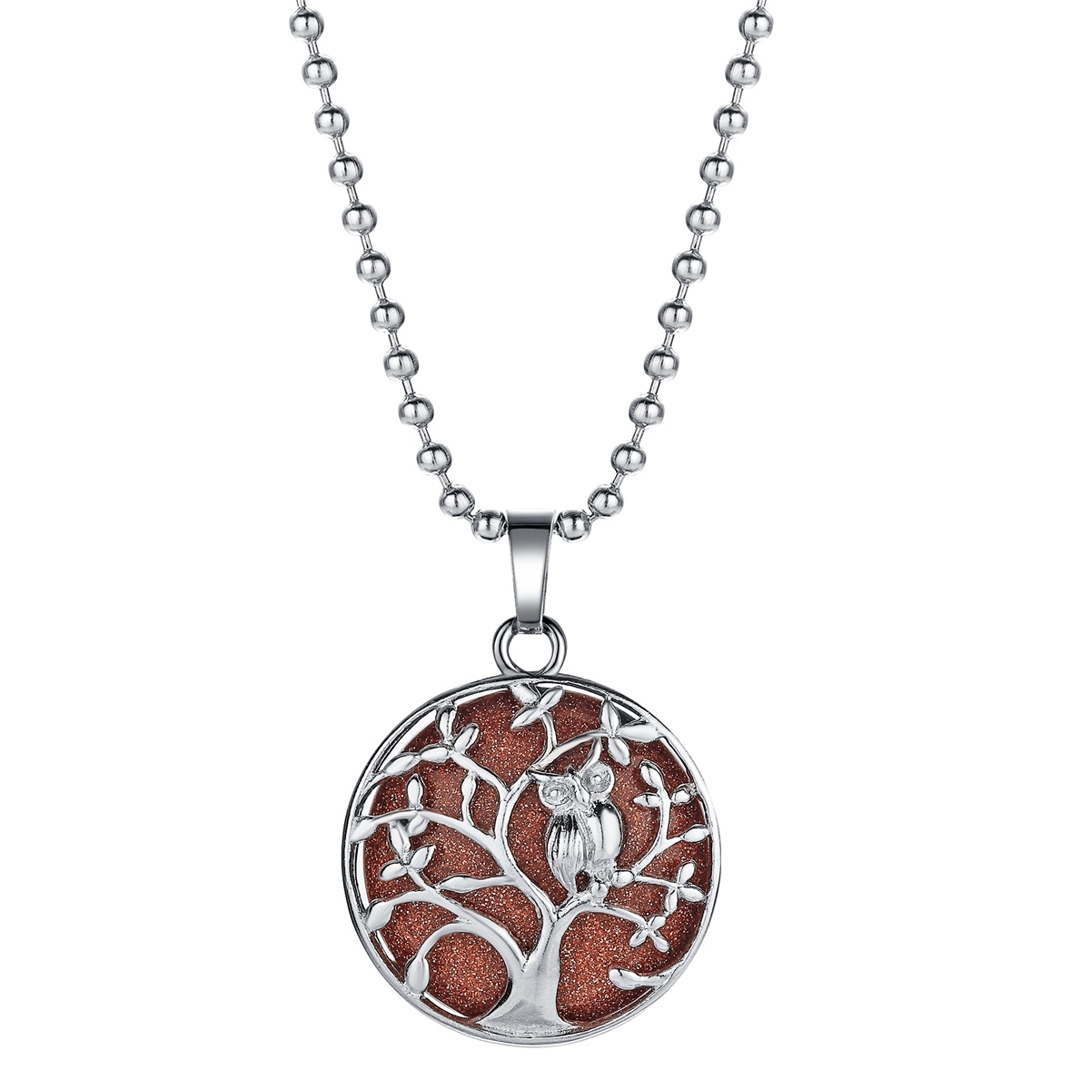 Natural Gemstone Silver Life of tree Owl  Coin Stone Pendant Necklace