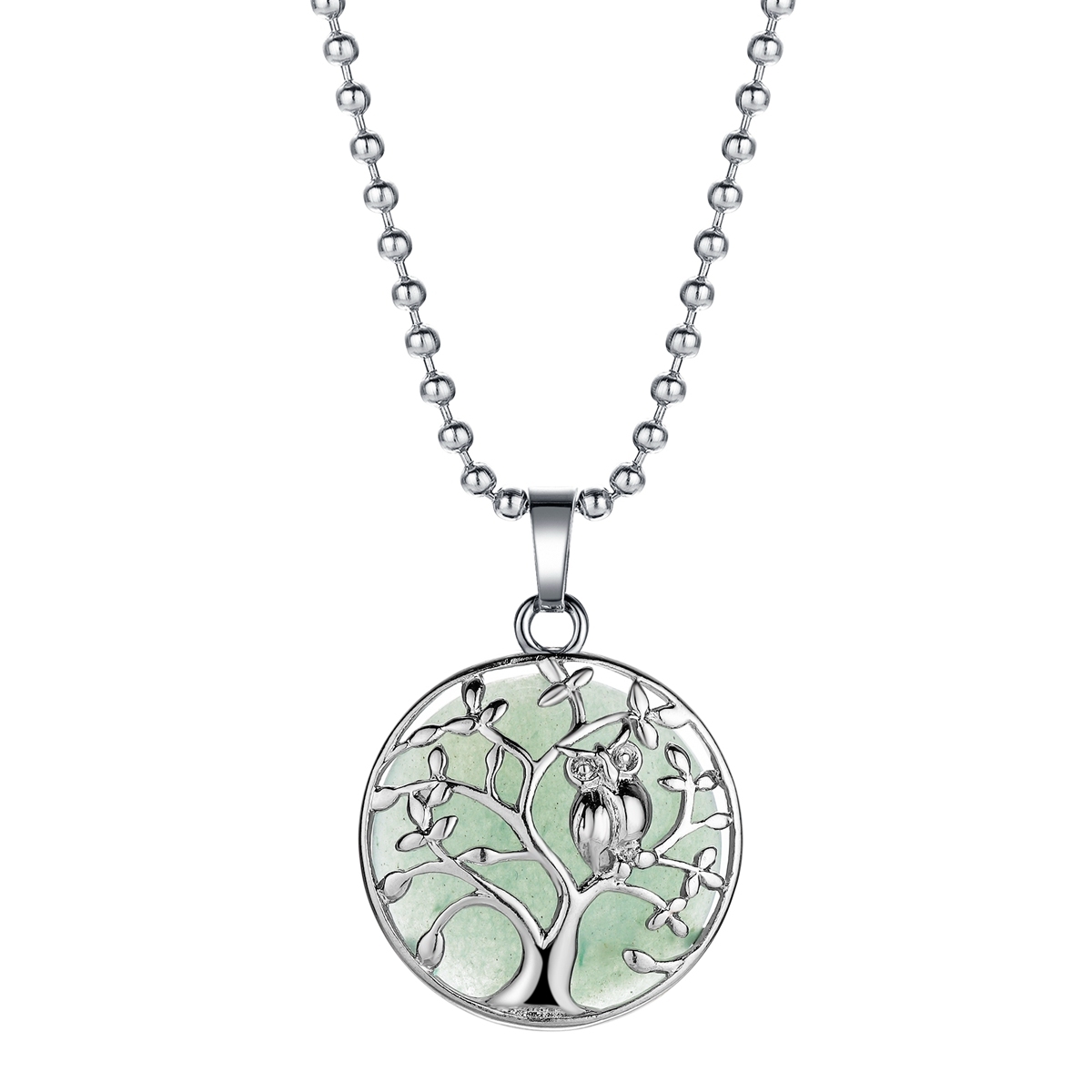 Natural Gemstone Silver Life of tree Owl  Coin Stone Pendant Necklace