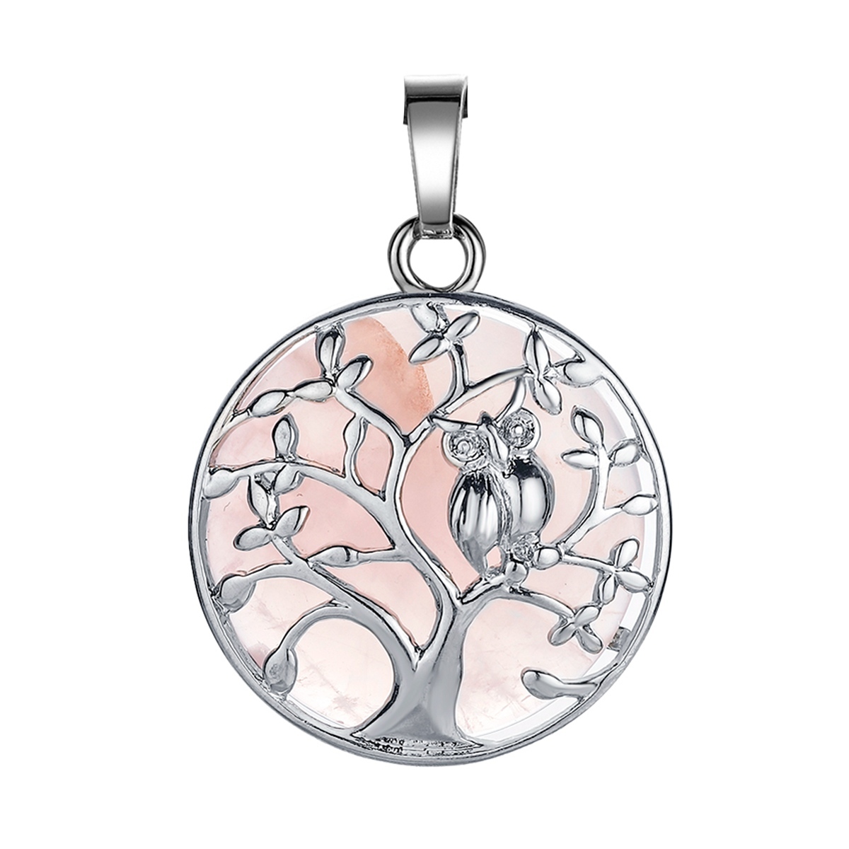 Natural Gemstone Silver Life of tree Owl  Coin Stone Pendant Necklace