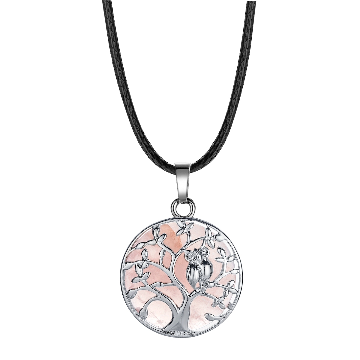 Natural Gemstone Silver Life of tree Owl  Coin Stone Pendant Necklace