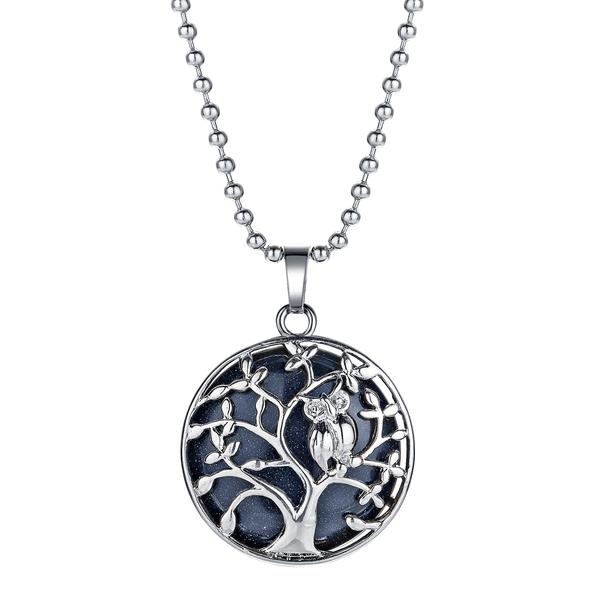 Natural Gemstone Silver Life of tree Owl  Coin Stone Pendant Necklace