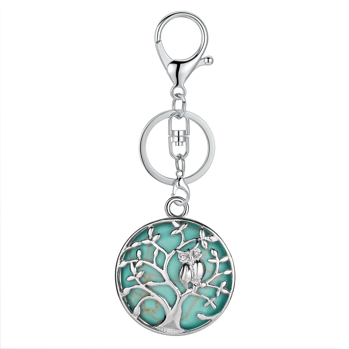 Natural Gemstone Silver Life of tree Owl  Coin Stone Pendant Necklace