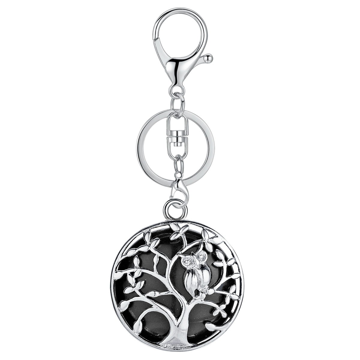 Natural Gemstone Silver Life of tree Owl  Coin Stone Pendant Necklace