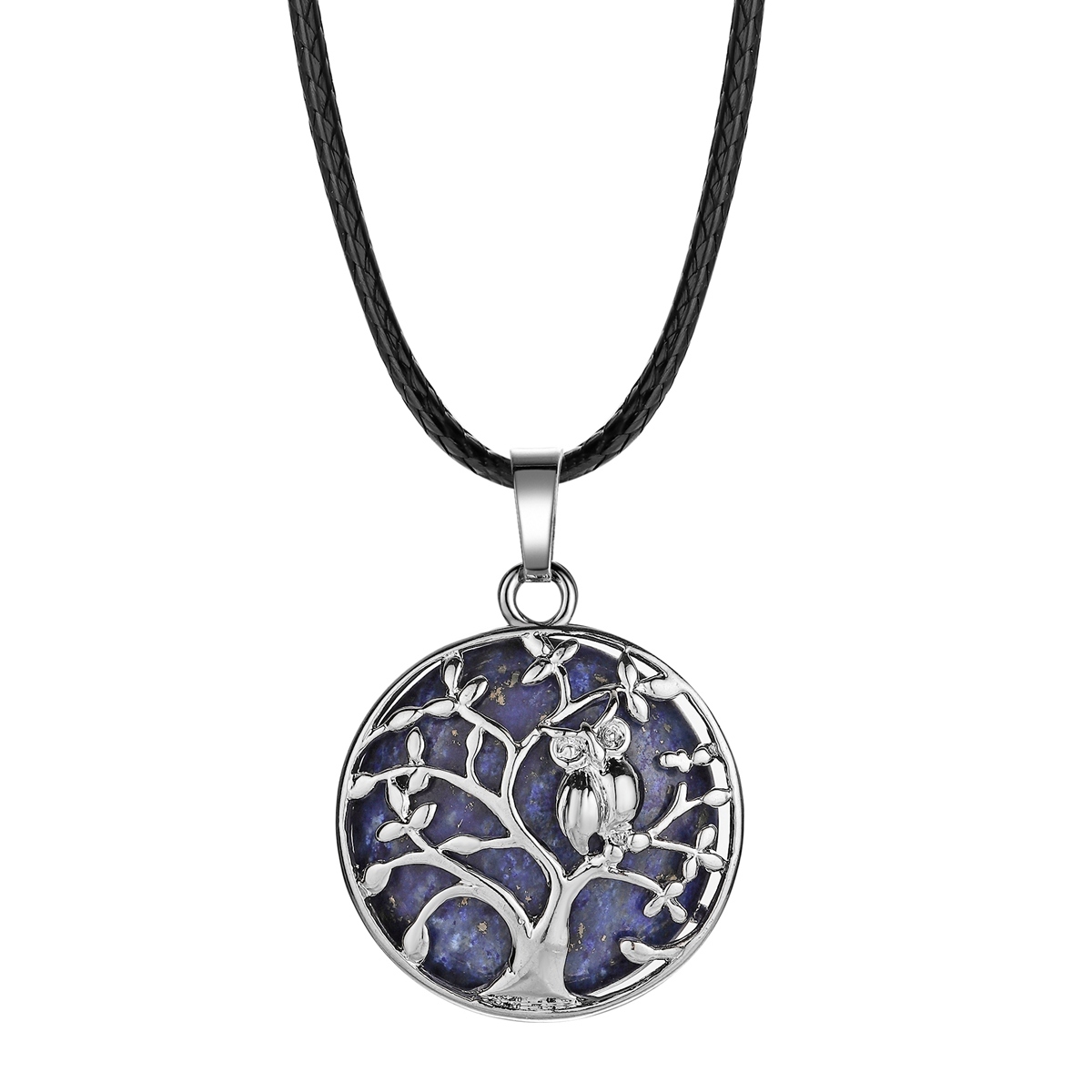 Natural Gemstone Silver Life of tree Owl  Coin Stone Pendant Necklace