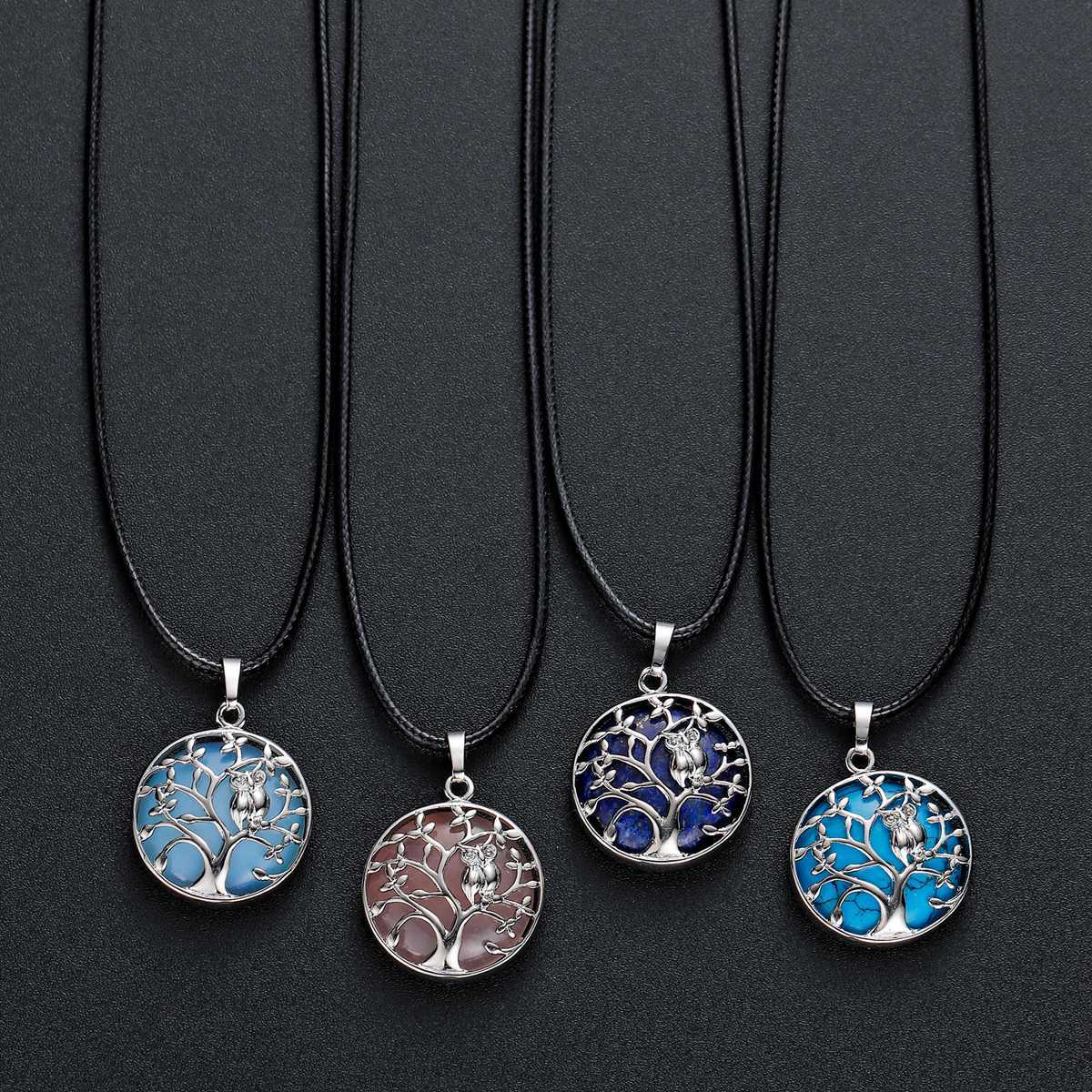 Natural Gemstone Silver Life of tree Owl  Coin Stone Pendant Necklace
