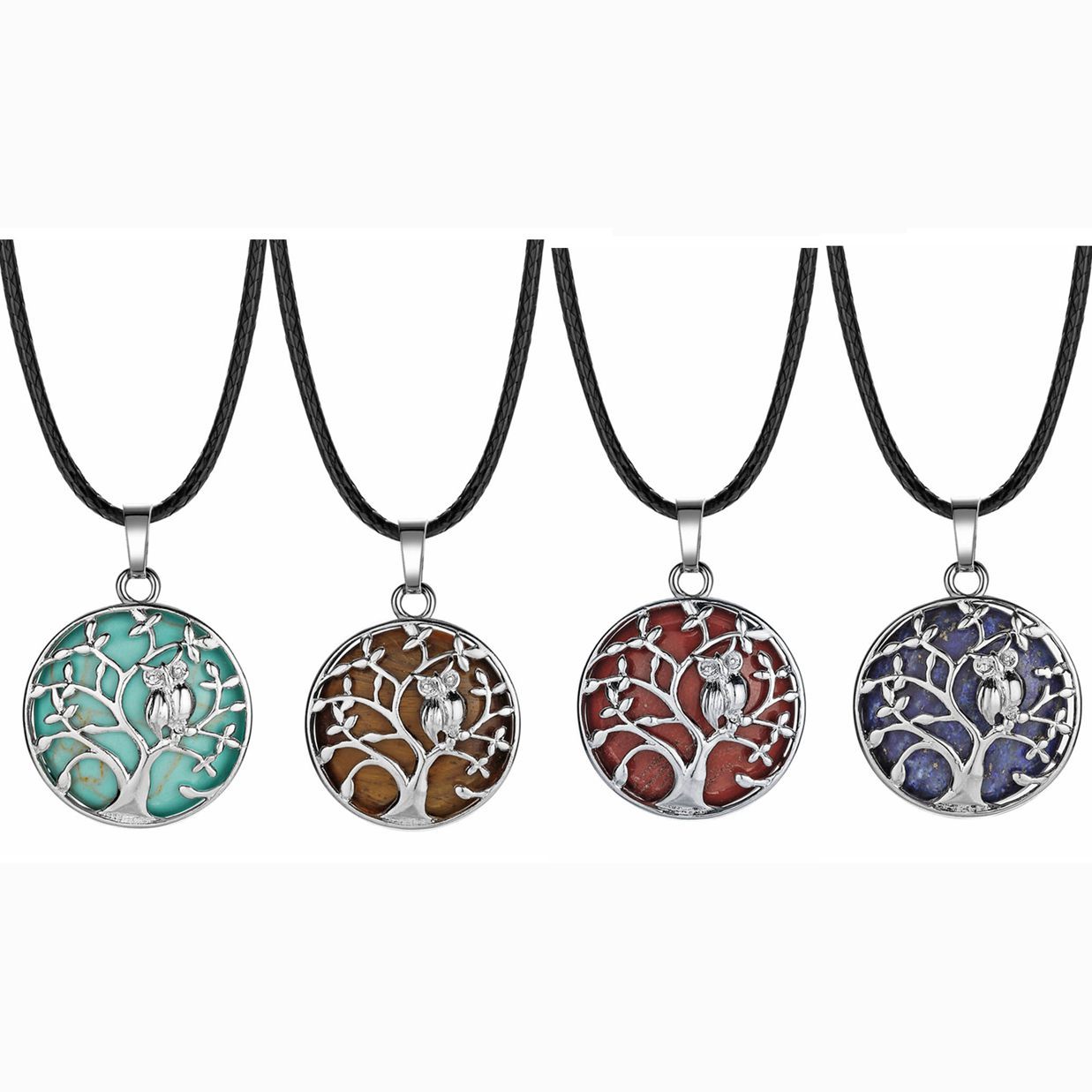 Natural Gemstone Silver Life of tree Owl  Coin Stone Pendant Necklace