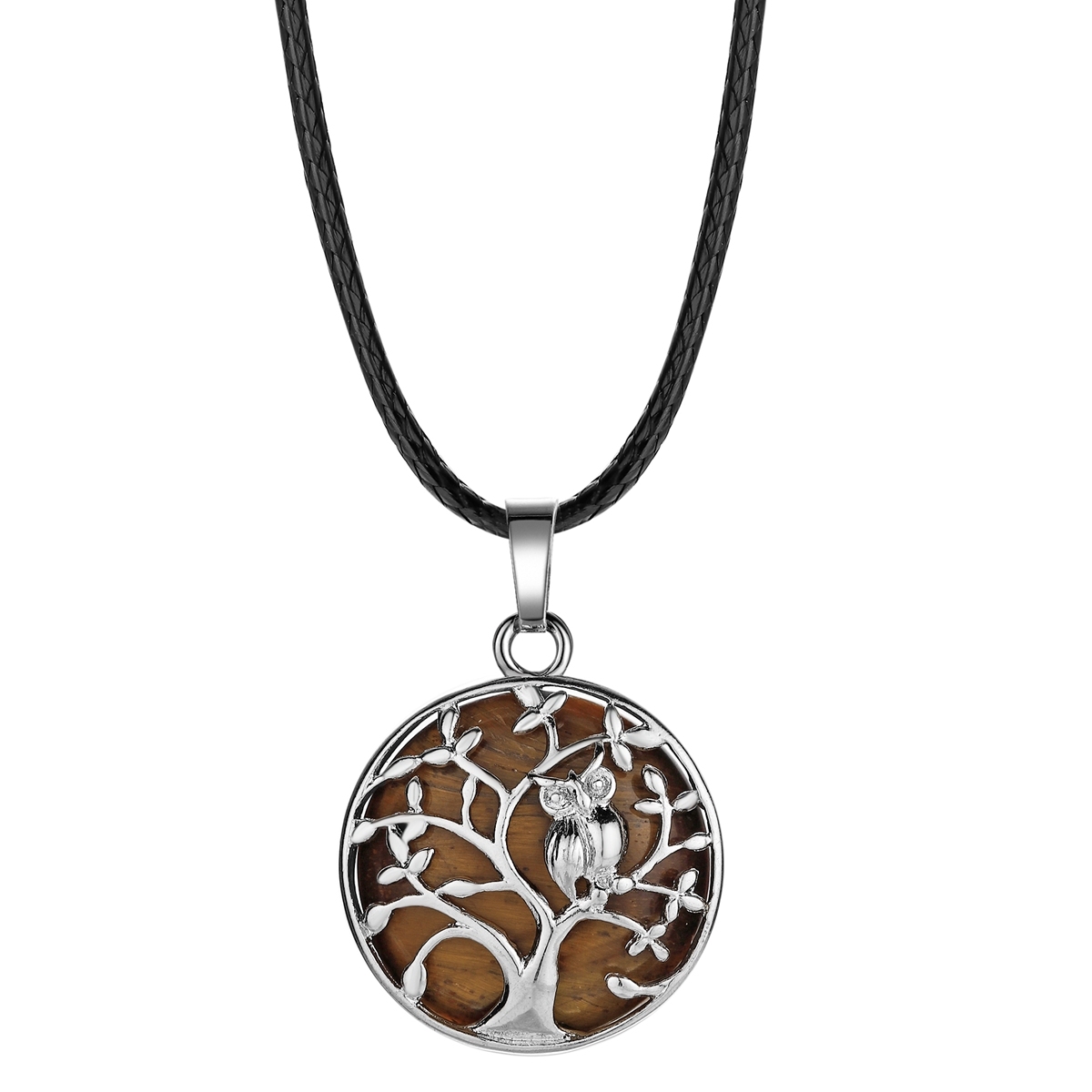 Natural Gemstone Silver Life of tree Owl  Coin Stone Pendant Necklace