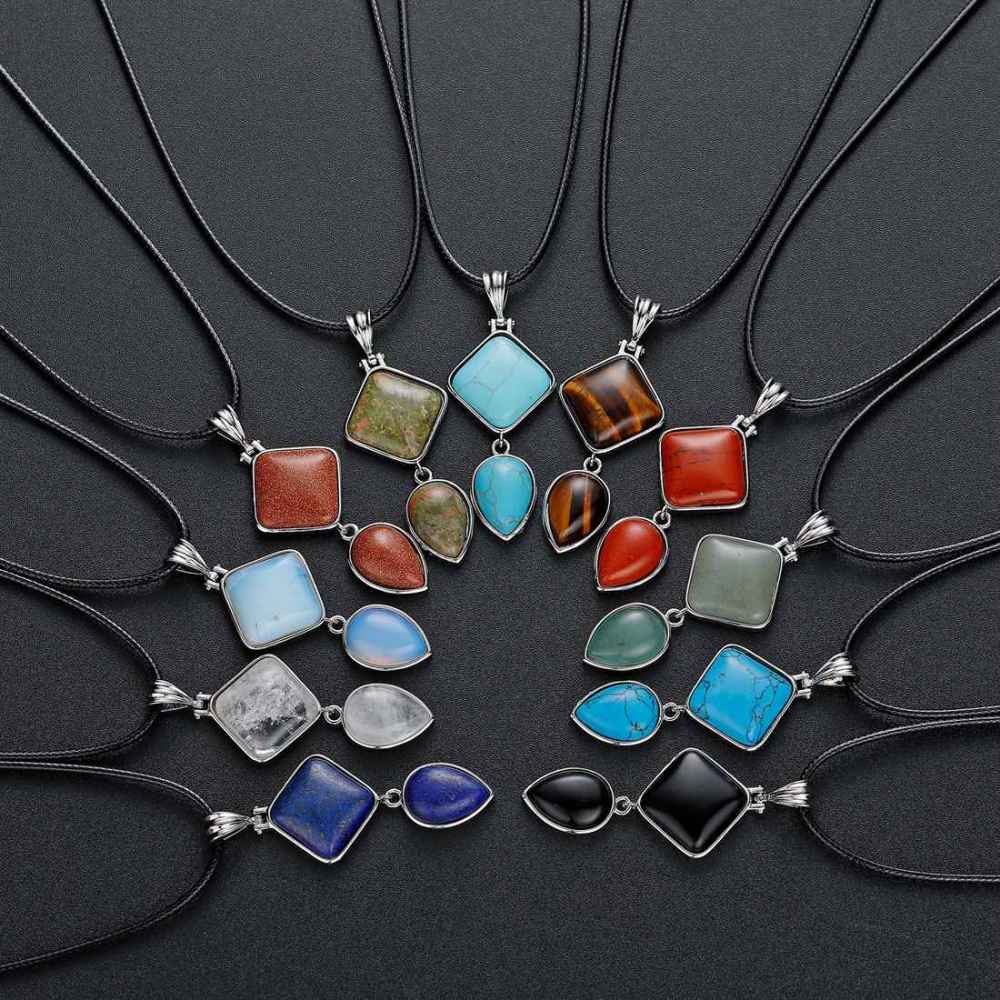 Natural Gemstone  Rhombus Waterdrop Pendant Necklace for men women