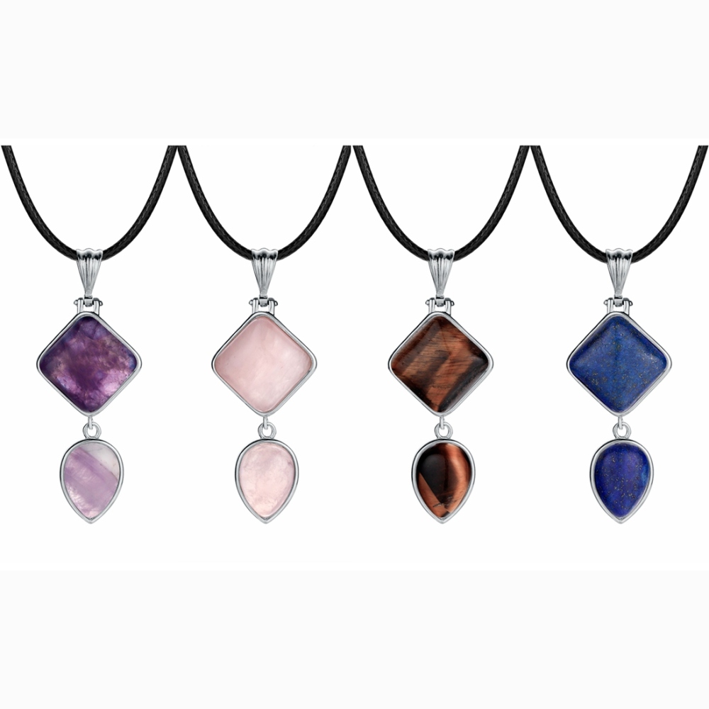 Natural Gemstone  Rhombus Waterdrop Pendant Necklace for men women
