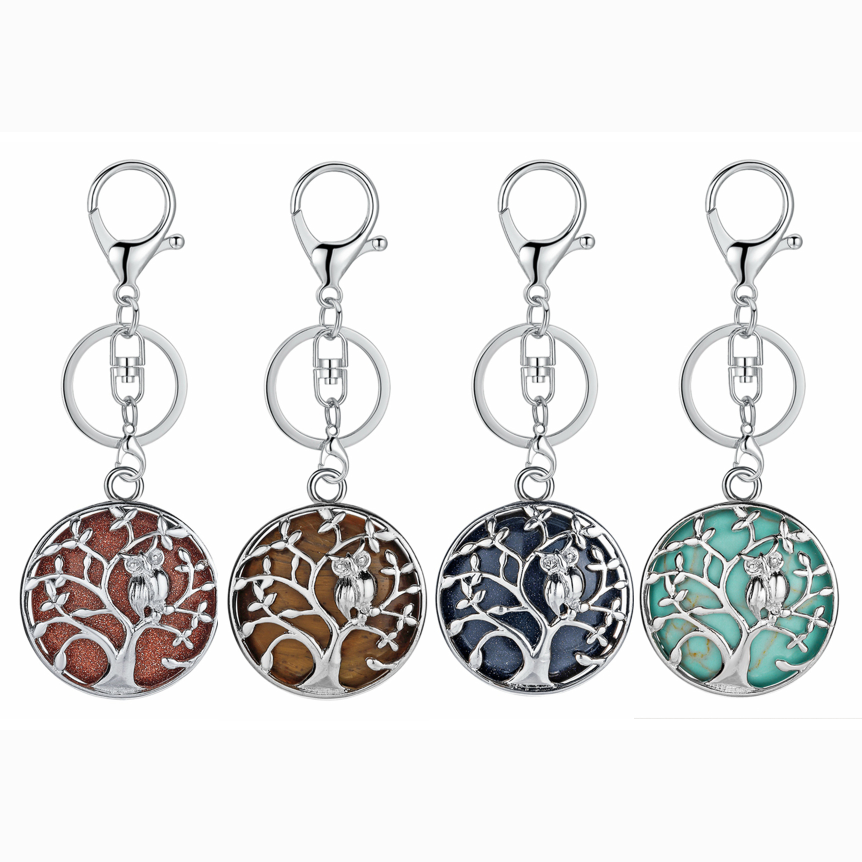 Natural Gemstone Silver Life of tree Owl Coin Stone Pendant Keychain