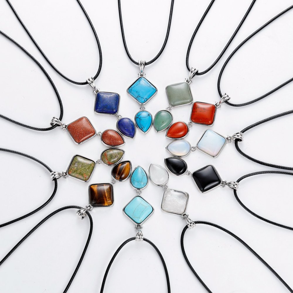 Natural Gemstone  Rhombus Waterdrop Pendant Necklace for men women