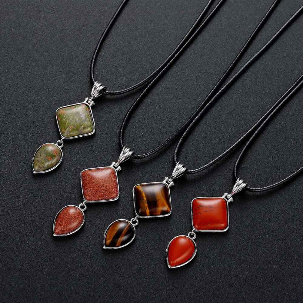 Natural Gemstone  Rhombus Waterdrop Pendant Necklace for men women