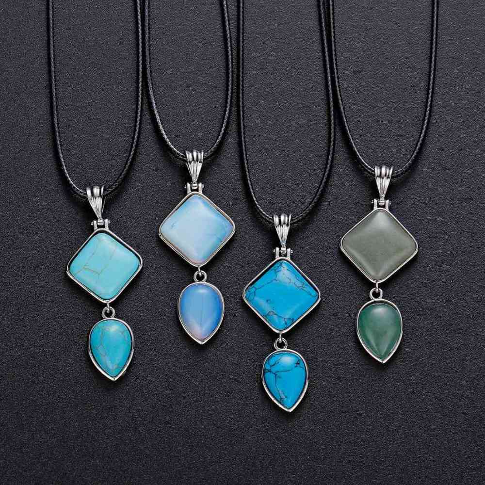 Natural Gemstone  Rhombus Waterdrop Pendant Necklace for men women