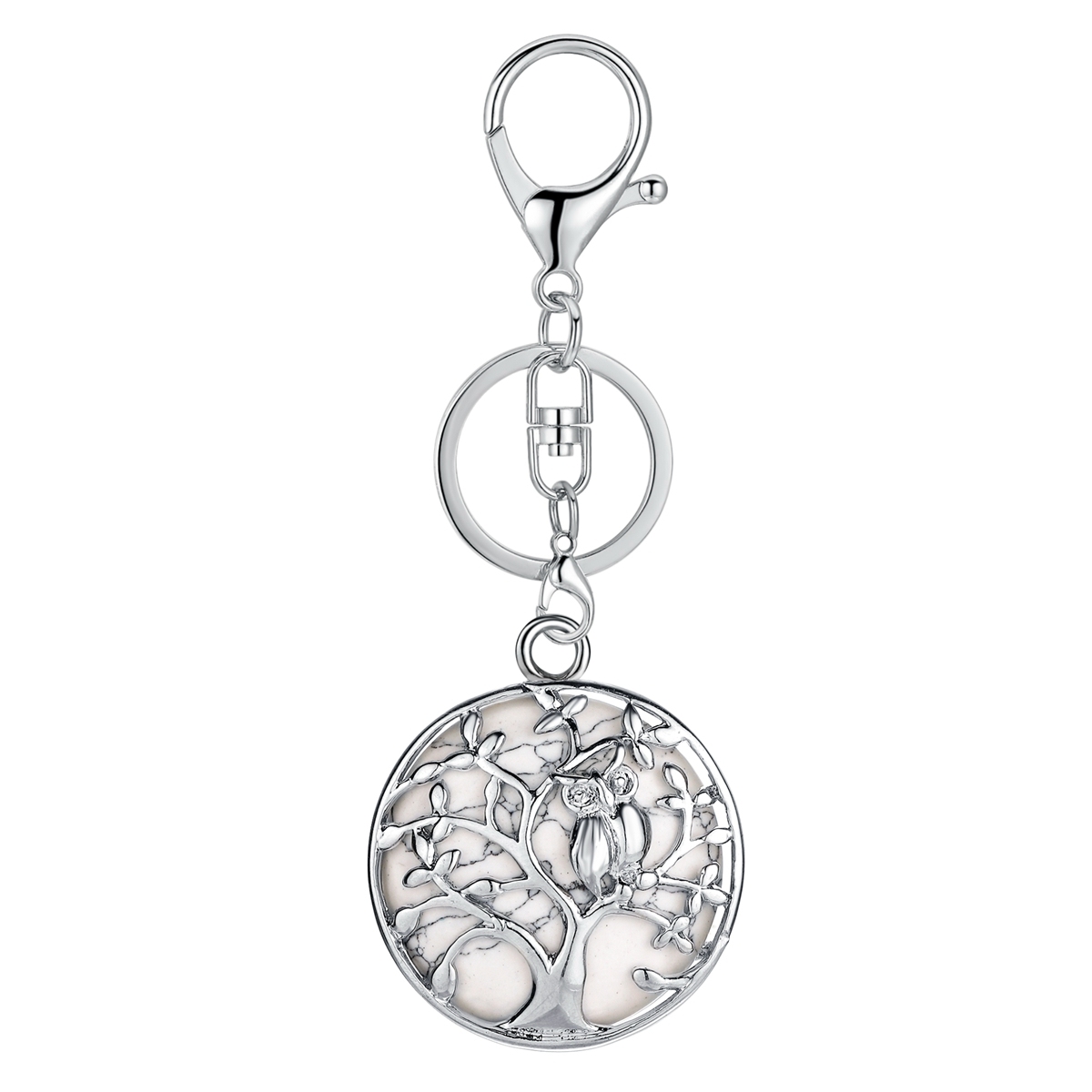 Natural Gemstone Silver Life of tree Owl Coin Stone Pendant Keychain