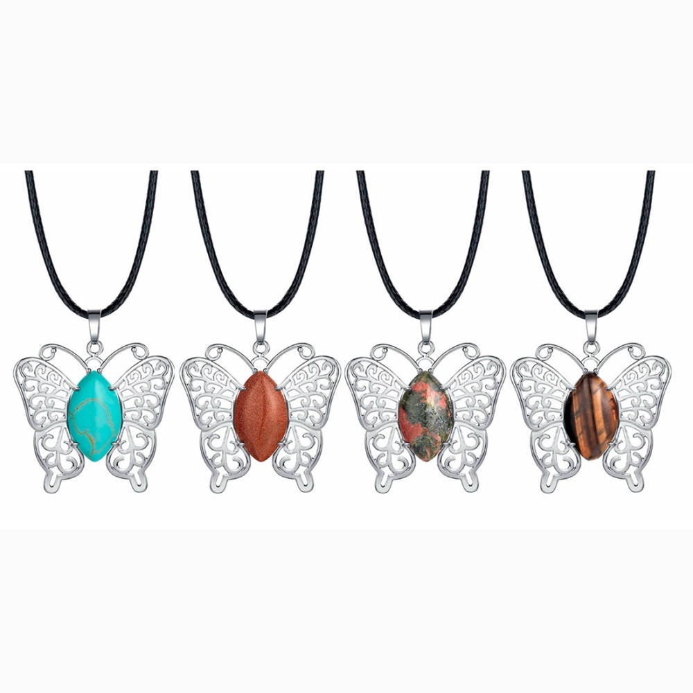 Natural stone silver butterfly pendant necklace for women men animal style fashion jewelry pendant