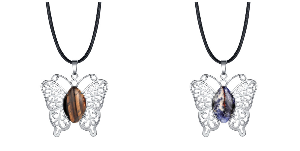 Natural stone silver butterfly pendant necklace for women men animal style fashion jewelry pendant