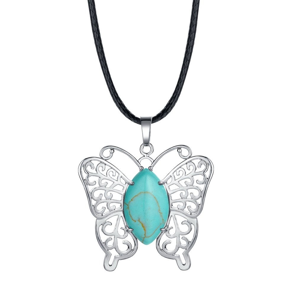 Natural stone silver butterfly pendant necklace for women men animal style fashion jewelry pendant